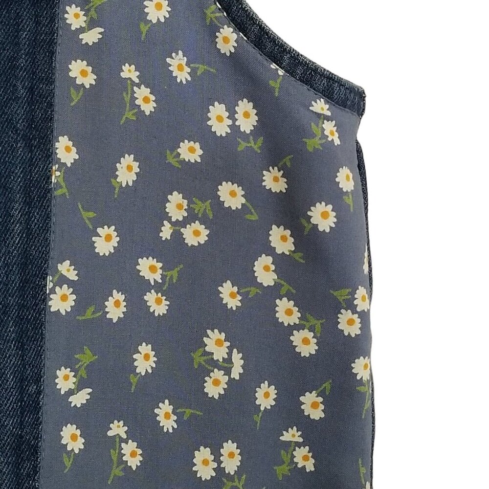 Vintage Women's L Denim Vest Patchwork Daisy Gingham Plaid Flap Pockets Cottage - Picture 4 of 5
